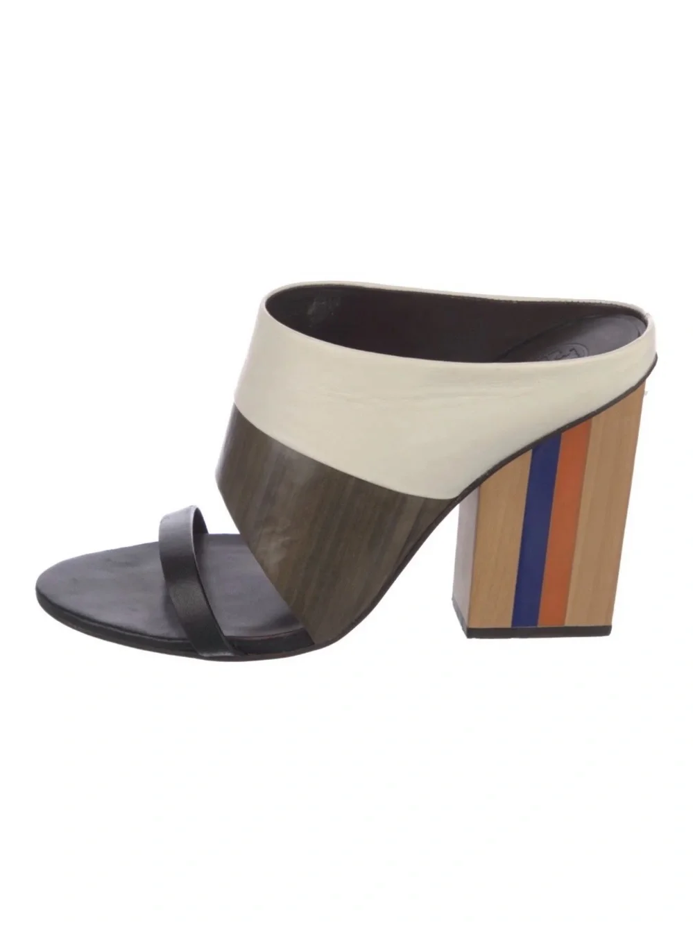 Tory Burch Cream, Brown & Black Striped Block Heel Mule